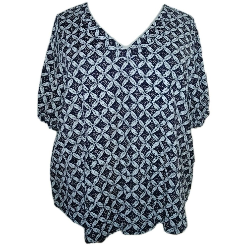 NWT FALLS CREEK Women 2X Rayon V Neck Short Sleeve Ruffles Navy Print Top Blouse
